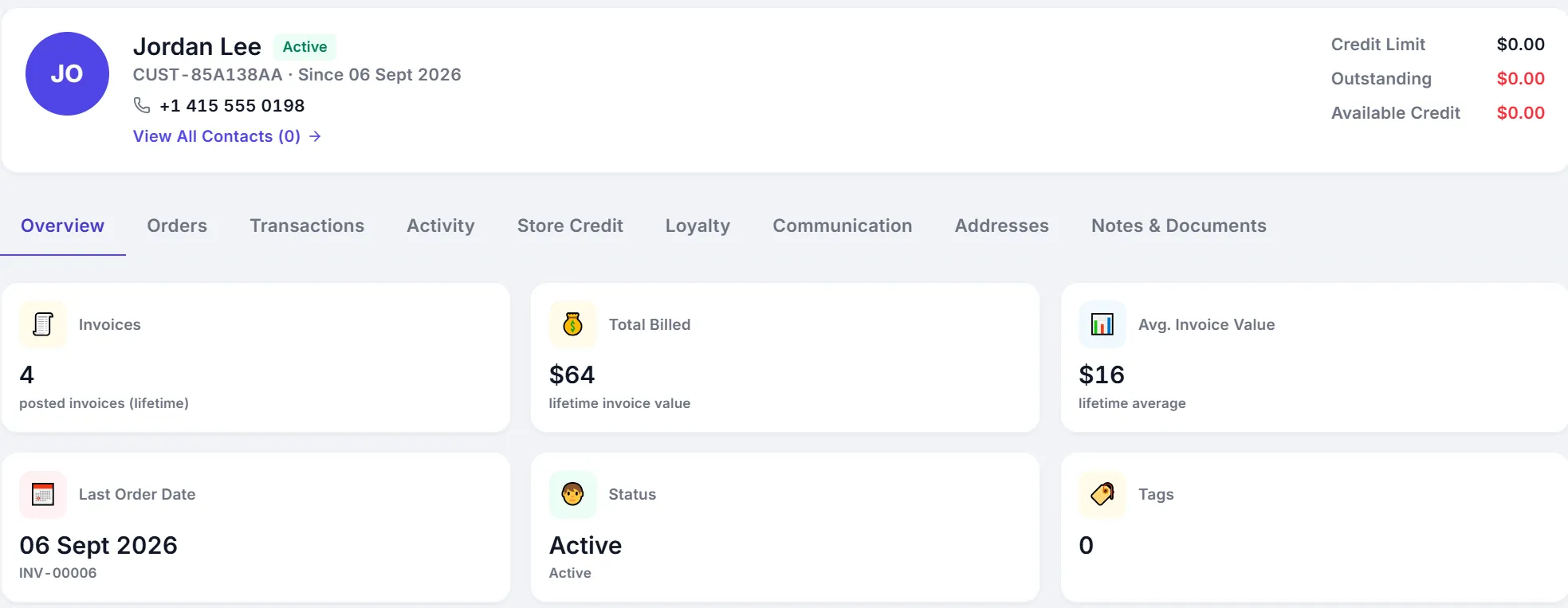 Customer 360: invoices, total billed, last order, credit limit and outstanding.