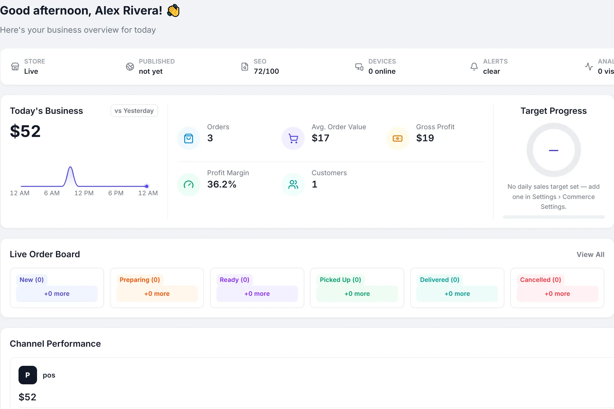 The dashboard: today's business $52, 3 orders, cash $52, one customer.
