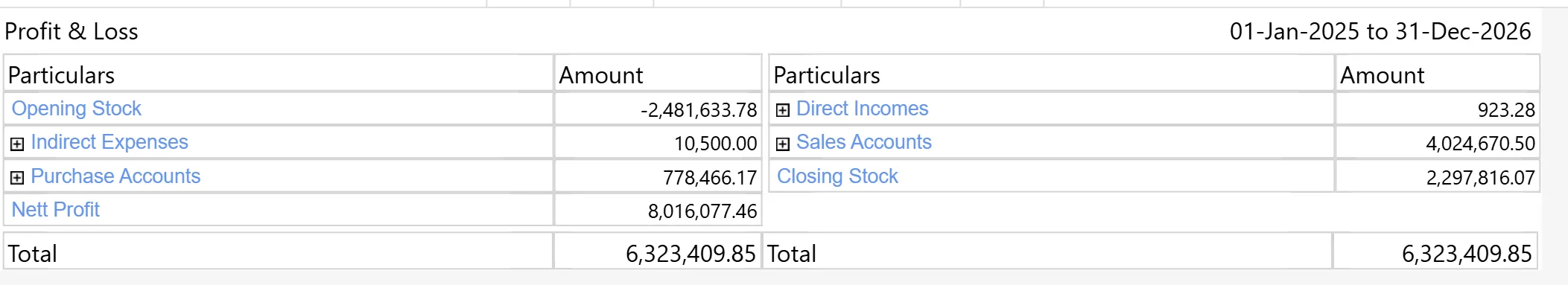 Profit and Loss: opening stock, expenses, purchases, net profit against incomes, sales and closing stock.