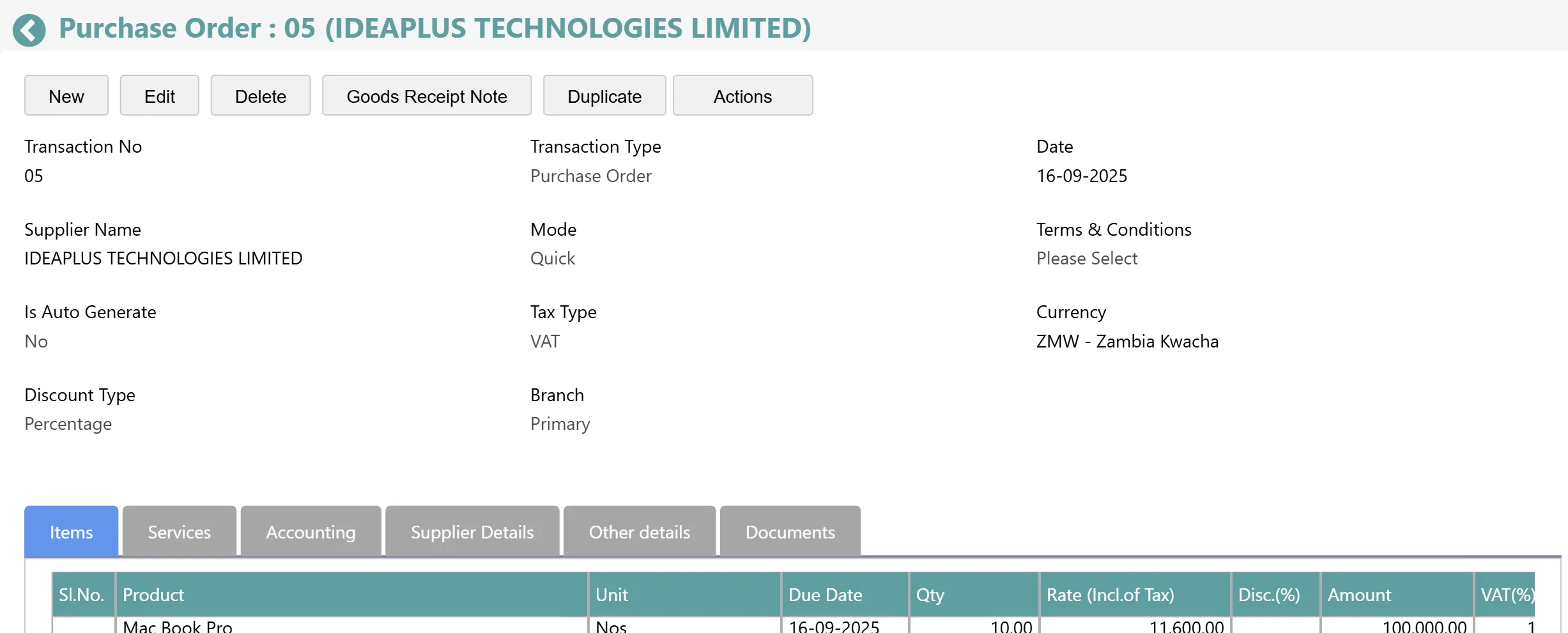 A purchase order to a supplier with items, quantities and rates.
