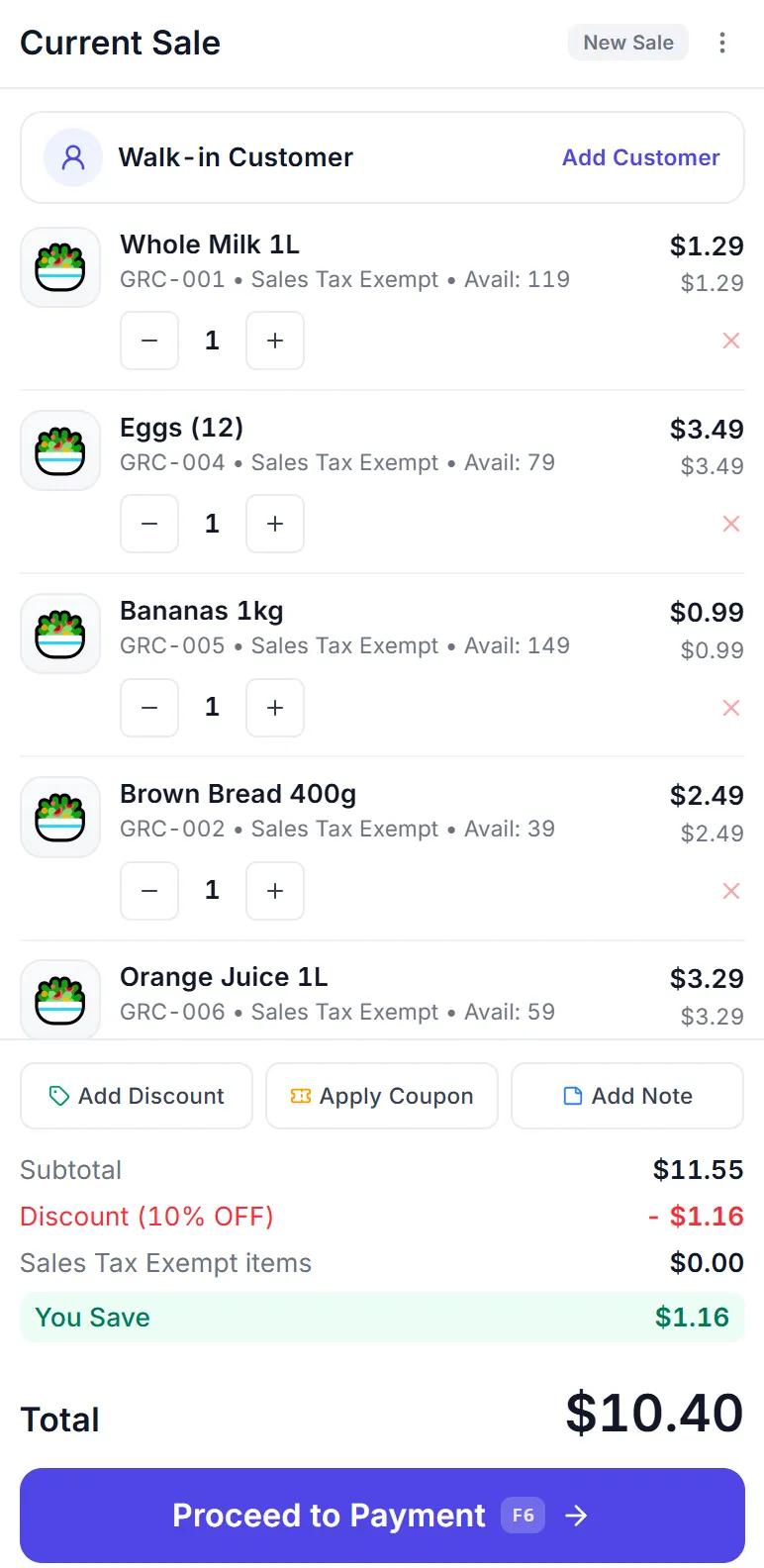 The PeppyBooks counter mid-sale: items in the cart with quantities and line totals, the customer selected, and the running total ready for payment.