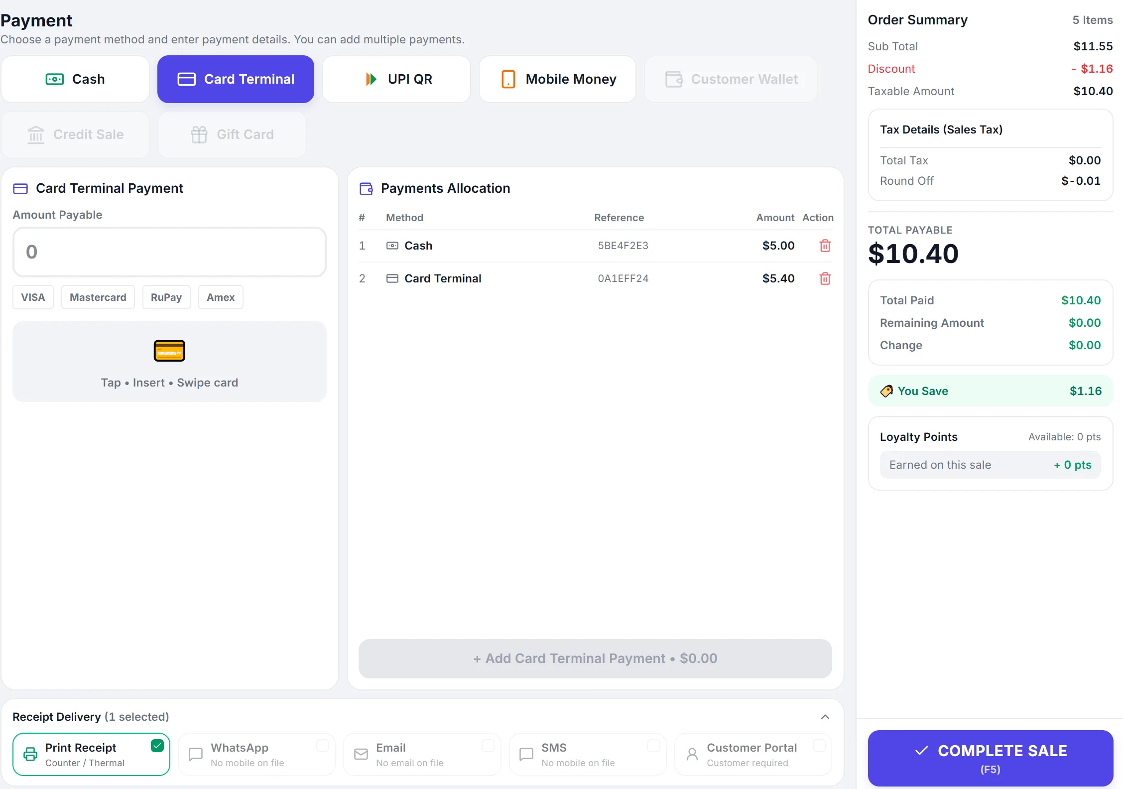 The PeppyBooks payment screen: cash, card terminal, UPI and mobile money tenders, a split of $5.00 cash and $5.40 card on a $10.40 bill, and receipt delivery by print, WhatsApp, email or SMS.