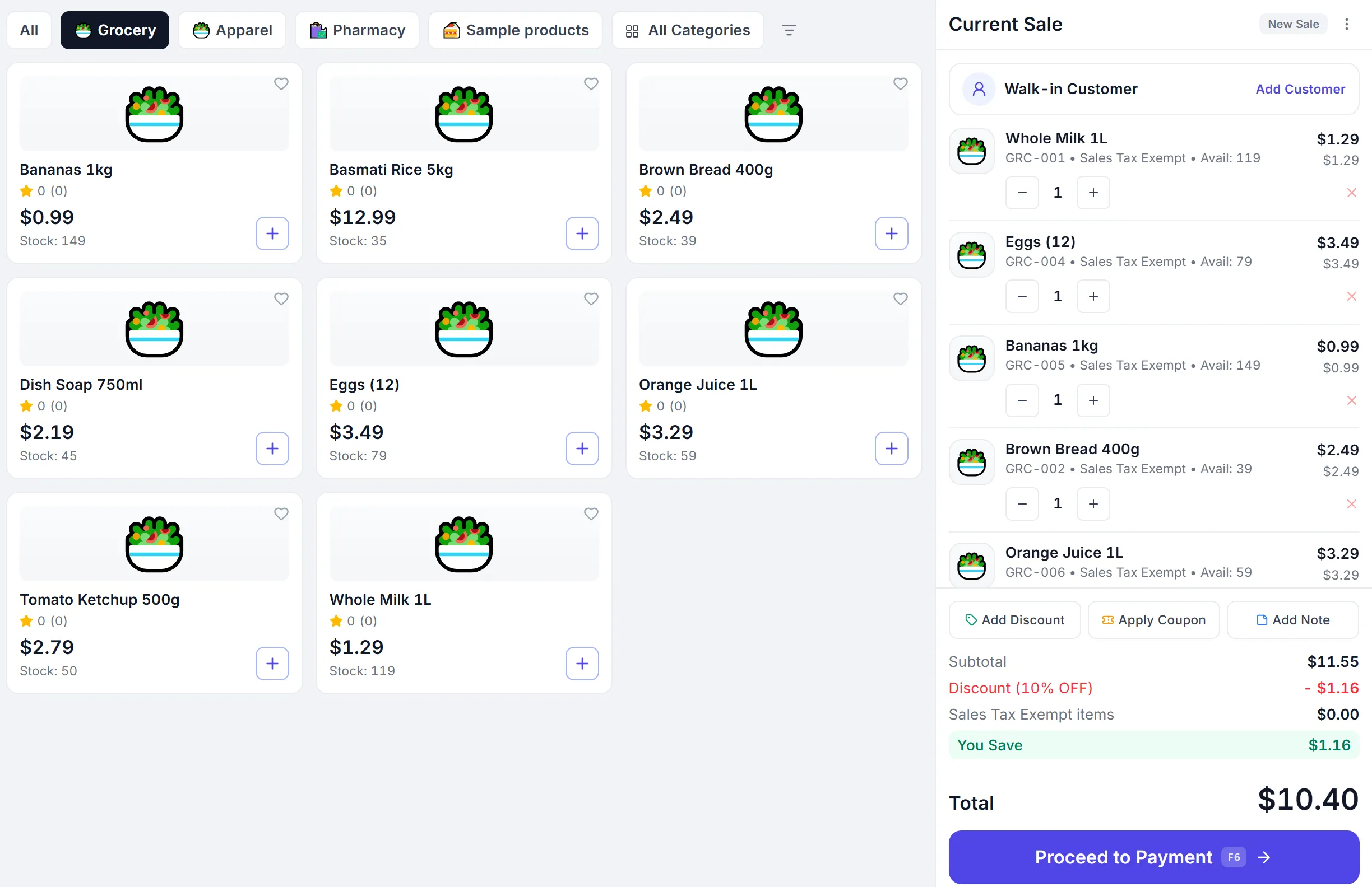 The PeppyBooks POS mid-sale: a grocery basket of five items with a 10% discount applied, the customer and running total on the right, and the Proceed to Payment button.