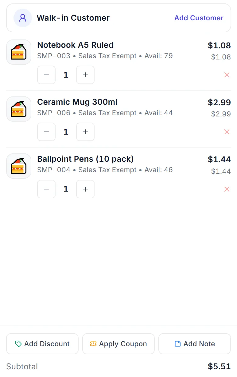 The POS in the sample products category: a notebook, a ceramic mug and ballpoint pens in the bill.