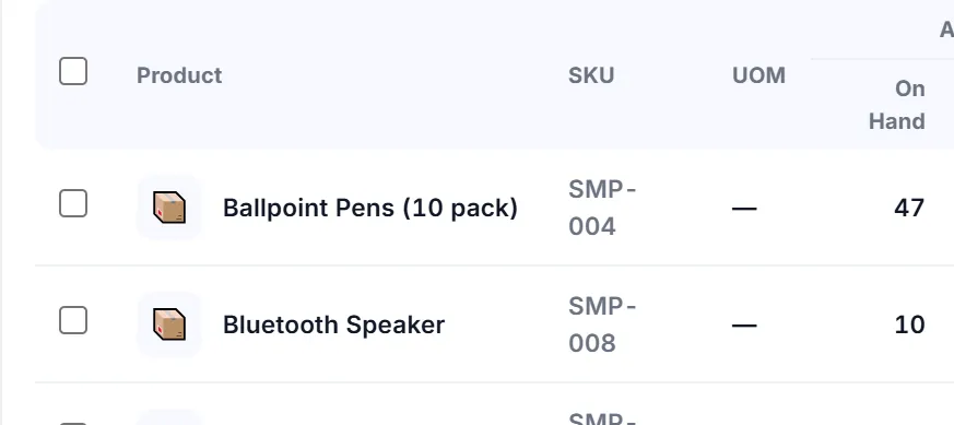 The stock availability list: Ballpoint Pens (10 pack) on hand 47, Bluetooth Speaker 10, every other product unchanged.